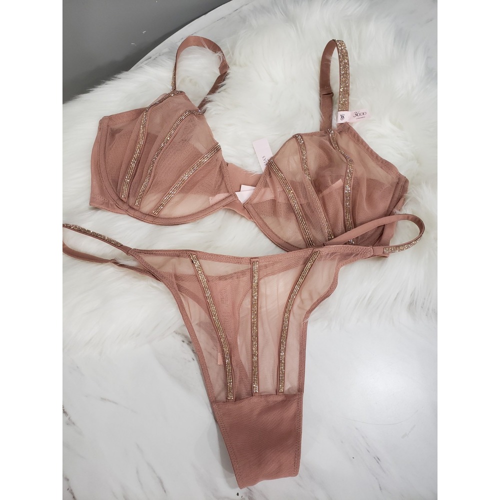 Victoria's Secret Shine Strap Unlined Low-Cut Demi Bra Thong Set Taupe 36DD & XL - Picture 6 of 11